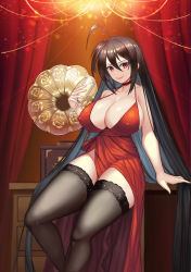 Rule 34 | 1girl, absurdres, ahoge, alcohol, azur lane, black hair, black thighhighs, breasts, champagne, champagne flute, choker, cleavage, cocktail dress, covered erect nipples, cup, dress, drinking glass, hair between eyes, highres, hiroshi (beolcoyote), huge breasts, lace, lace-trimmed legwear, lace trim, long hair, looking at viewer, official alternate costume, phonograph, red choker, red dress, red eyes, sitting, smile, solo, taihou (azur lane), taihou (forbidden feast) (azur lane), thighhighs, very long hair