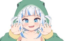 Rule 34 | 1girl, blue hair, blunt bangs, blush, collarbone, dinosaur costume, gawr gura, highres, hololive, hololive english, hood, hoodie, long sleeves, looking at viewer, medium hair, multicolored hair, open mouth, sharp teeth, solo, streaked hair, teeth, tenroy, two-tone hair, two side up, virtual youtuber, white background, white hair