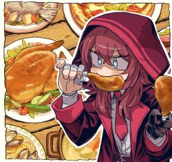 Rule 34 | 1girl, bandaged hand, bandages, black gloves, blue eyes, blush, chicken (food), chicken leg, coat, commission, eating, fish, food, gloves, hair between eyes, highres, holding, holding food, hood, hood up, long hair, long sleeves, mizuno (okn66), necktie, open clothes, open coat, original, pasta, pizza, plate, red coat, red hair, red necktie, shirt, single glove, skeb commission, tomato, upper body, vegetable, white shirt