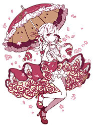 Rule 34 | 1girl, ahoge, apple, bloomers, commentary, drill hair, elina (e2n04n), flower, food, frilled skirt, frills, fruit, full body, gradient hair, highres, holding, holding umbrella, limited palette, looking at viewer, multicolored hair, original, parasol, red eyes, red footwear, red hair, red skirt, signature, simple background, skirt, umbrella, underwear, white background, white bloomers, white hair
