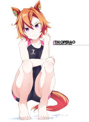 Rule 34 | 1girl, alternate costume, animal ears, barefoot, black one-piece swimsuit, character name, closed mouth, commentary request, competition swimsuit, ear ornament, feet, hair between eyes, horse ears, horse girl, horse tail, one-piece swimsuit, orange hair, purple eyes, shigino sohuzi, short hair, simple background, smile, solo, squatting, swimsuit, t.m. opera o (umamusume), tail, toes, umamusume, wet, white background