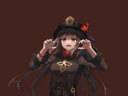 Rule 34 | 1girl, :d, black nails, bracelet, breasts, brown hair, claw pose, flower, genshin impact, hands up, hat, hat flower, hat ribbon, highres, hu tao (genshin impact), jewelry, long hair, long sleeves, medium breasts, nail polish, open mouth, qoray7, red background, red eyes, red flower, ribbon, simple background, smile, solo, symbol-shaped pupils, teeth, tongue, twintails, upper body
