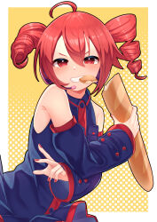 Rule 34 | 1girl, absurdres, ahoge, armpit crease, baguette, bare shoulders, black shirt, black skirt, border, bread, collared shirt, commentary request, crossed arms, detached sleeves, dot nose, drill hair, ekomori eko, food, food in mouth, grin, half-closed eyes, halftone, halftone background, headphones, highres, holding, holding food, kasane teto, light blush, looking at viewer, microphone, outside border, red eyes, red hair, red nails, shirt, skirt, sleeveless, sleeveless shirt, smile, solo, twin drills, upper body, utau, v-shaped eyebrows, white border, yellow background
