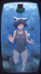 Rule 34 | 1girl, absurdres, against glass, air bubble, animal ears, aquarium, barefoot, black hair, bubble, blowing bubbles, cat ears, competition swimsuit, closed eyes, fish, glass, highres, holding breath, mistletoe, seafloor, one-piece swimsuit, original, rou (rou22), school of fish, short hair, swimsuit, underwater, window