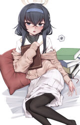 Rule 34 | 1girl, absurdres, bags under eyes, black hair, black pantyhose, black undershirt, blue archive, blue eyes, blue hairband, blush, book, book stack, breasts, brown cardigan, cardigan, commentary, crossed bangs, english commentary, hair between eyes, hairband, halo, hari 6464, highres, holding, holding book, jewelry, long hair, long sleeves, looking at viewer, necklace, open mouth, pantyhose, pillow, sailor collar, school uniform, serafuku, simple background, sitting, skirt, small breasts, solo, teeth, tongue, ui (blue archive), white background, white sailor collar, white serafuku, yellow halo