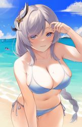 Rule 34 | 1girl, 2others, arm up, bare arms, bare shoulders, beach, bikini, blue eyes, blue sky, blush, boat, breasts, chinese commentary, cleavage, cloud, commentary request, cowboy shot, day, genshin impact, grey bikini, grey hair, hair ornament, highres, large breasts, long braid, long hair, looking at viewer, mao mao juzhang, mole, mole on breast, multiple others, navel, ocean, outdoors, partial commentary, shenhe (genshin impact), side-tie bikini bottom, sky, smile, solo focus, standing, stomach, swept bangs, swimsuit, thighs, very long hair, wading, water, watercraft