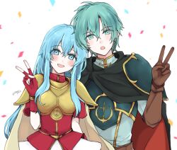 Rule 34 | 1boy, 1girl, aqua eyes, armor, breastplate, brother and sister, brown gloves, cape, confetti, earrings, eirika (fire emblem), ephraim (fire emblem), fingerless gloves, fire emblem, fire emblem: the sacred stones, gloves, hair between eyes, highres, jewelry, long hair, looking at viewer, misato hao, nintendo, open mouth, red gloves, short hair, shoulder armor, siblings, sidelocks, twins, upper body, v, white background