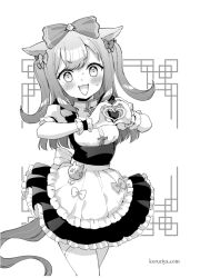 Rule 34 | 1girl, agnes digital (umamusume), alternate costume, animal ears, apron, blush, bow, breasts, commentary request, cowboy shot, dress, enmaided, frilled apron, frilled dress, frills, greyscale, hair bow, heart, heart hands, horse ears, horse girl, horse tail, koruri, long hair, looking at viewer, maid, maid apron, monochrome, open mouth, puffy short sleeves, puffy sleeves, short sleeves, small breasts, solo, tail, two side up, umamusume, waist apron