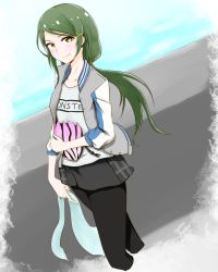 Rule 34 | 1girl, black pants, blush, character request, closed mouth, clothes writing, commentary request, green eyes, hair ornament, highres, holding, long hair, looking at viewer, open clothes, open shirt, pants, shirt, sidelocks, sleeves pushed up, smile, standing, t-shirt, watermelon pan, white shirt, x hair ornament, yellow eyes