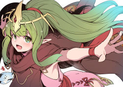 Rule 34 | 1girl, bracelet, dress, fire emblem, fire emblem: mystery of the emblem, green eyes, green hair, highres, jewelry, long hair, nakabayashi zun, nintendo, open mouth, outstretched arms, pink dress, pointy ears, ponytail, simple background, solo, spread arms, tiara, tiki (fire emblem), tiki (young) (fire emblem), white background