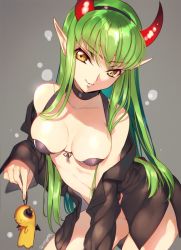 Rule 34 | alternate costume, artist name, bare shoulders, black bra, black shirt, bra, breasts, c.c., choker, cleavage, code geass, collarbone, contrapposto, covered erect nipples, cowboy shot, creayus, demon horns, eyebrows, fake horns, from above, green hair, grey background, hairband, head tilt, holding, horns, long hair, long sleeves, looking at viewer, looking up, medium breasts, navel, no pants, off shoulder, open clothes, open shirt, parted lips, pointy ears, shirt, simple background, sleeves past wrists, smile, solo, standing, teruterubouzu, thighs, tsurime, twitter username, underwear, very long hair, yellow eyes