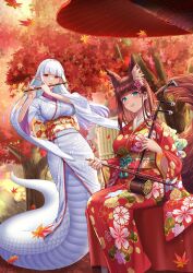 Rule 34 | animal ear fluff, animal ears, artist request, blunt bangs, blush, bow (music), breasts, brown hair, erhu, flute, fox ears, fox girl, fox tail, green eyes, highres, holding, holding erhu, holding instrument, instrument, japanese clothes, kitsune, lamia, large breasts, long hair, looking at viewer, monster girl, monster girl encyclopedia, music, original, playing instrument, pointy ears, priestess, red eyes, scales, shirohebi (monster girl encyclopedia), smile, tail, transverse flute, very long hair, white hair