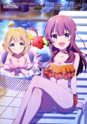 Rule 34 | 2girls, absurdres, arm support, artist request, ball, bare shoulders, bikini, blonde hair, blue eyes, blurry, blurry background, blush, braid, breasts, chair, cleavage, closed mouth, crossed arms, crossed legs, drink, flower, food, fruit, girlish number, highres, innertube, karasuma chitose (girlish number), konno miki, kugayama yae, lime (fruit), looking at viewer, multiple girls, official art, open mouth, pink bikini, pool, scan, short hair, sitting, swim ring, swimsuit, water