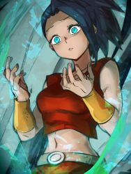 Rule 34 | 1girl, alternate color, alternate eye color, aqua eyes, aura, bare arms, bare shoulders, belt, black hair, bracelet, breasts, collarbone, crop top, dark-skinned female, dark skin, dragon ball, dragon ball super, expressionless, eyelashes, fingernails, frown, furrowed brow, gradient background, grey background, hands up, high ponytail, jewelry, kale (dragon ball), kemachiku, light particles, looking down, medium breasts, midriff, navel, parted lips, ponytail, shaded face, simple background, sleeveless, solo, surprised, upper body, wide-eyed