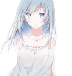 Rule 34 | 1girl, aqua eyes, bare shoulders, blush, collarbone, dress, gradient hair, grey hair, hiro (hirohiro31), long hair, looking at viewer, multicolored hair, original, parted lips, simple background, solo, sparkle, strapless, strapless dress, upper body, white background, white dress