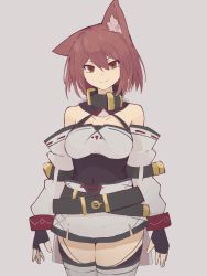 Rule 34 | 1girl, :&gt;, animal ears, bandages, bare shoulders, breasts, brown eyes, brown hair, character request, copyright request, covered navel, detached collar, fingerless gloves, flat color, gloves, hair between eyes, highres, japanese clothes, looking at viewer, medium breasts, short hair, solo, standing, thighhighs, yonaga san