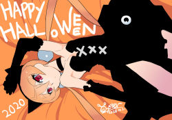 Rule 34 | 1girl, alisa southerncross, animal ears, arm up, artist name, bed sheet, black dress, black gloves, breasts, cat ears, closed mouth, commentary, dated, dress, elbow gloves, english text, from above, gloves, halloween, halloween costume, happy halloween, highres, keroro gunsou, light frown, long hair, looking at viewer, lying, on back, orange hair, oyster (artist), red eyes, short dress, signature, small breasts, solo, strapless, strapless dress, twintails