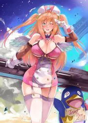 Rule 34 | 1girl, aqua eyes, bikini, bird, blush, breasts, cleavage, crying, curvy, denizen tomo, dutch angle, explosion, garter straps, gun, happy, hat, highres, label, large breasts, long hair, looking at viewer, nurse, nurse cap, one eye closed, open mouth, orange hair, original, penguin, short dress, sky, smile, solo, swimsuit, thick thighs, thighhighs, thighs, twintails, underboob, very long hair, weapon, wide hips, wings, wink, zettai ryouiki