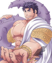 Rule 34 | 1boy, abs, ancient greek clothes, bara, bare pectorals, blurry, blurry foreground, dagon (housamo), facial hair, greco-roman clothes, large pectorals, long sideburns, looking at viewer, male focus, manly, muscular, nipples, no nipples, octopus boy, pectorals, purple hair, short hair, sideburns, single bare shoulder, solo, stubble, sunfight0201, tentacles, tokyo houkago summoners, upper body