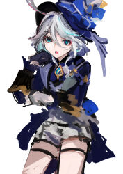 Rule 34 | 1girl, absurdres, ahoge, black gloves, black hat, blue eyes, blue hair, blue jacket, commentary request, furina (genshin impact), genshin impact, gloves, grey hair, hair between eyes, hat, highres, jacket, long hair between eyes, long sleeves, looking at viewer, medium hair, multicolored hair, multicolored nails, okitsuma, open mouth, short shorts, shorts, sleeve cuffs, solo, streaked hair, thigh strap, top hat, white shorts