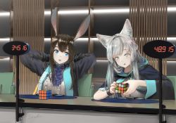 Rule 34 | 2girls, amiya (arknights), animal ears, arknights, arms behind head, ascot, black bracelet, black cape, black jacket, blue ascot, blue collar, blue eyes, brown hair, cape, cat ears, cat girl, clothes writing, collar, female focus, green eyes, grey hair, highres, holding cube, indoors, jacket, jewelry, long sleeves, multiple girls, neck ring, open clothes, open jacket, open mouth, rabbit ears, rabbit girl, rosmontis (arknights), rubik&#039;s cube, shirt, timer, upper body, welt (kinsei koutenkyoku), white shirt
