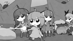 Rule 34 | 3d, 5girls, :&lt;, :3, :o, bat wings, bike horn, bkub (style), blender (medium), boots, bow, chen, chibi, cirno, commentary, crossover, dance in the vampire bund, dress, earrings, energy gun, firing, greyscale, gs-mantis, hair bow, hair ribbon, highres, jewelry, laser, laser rifle, long hair, lying, mina tepes, monochrome, multiple girls, no headwear, on stomach, outdoors, parody, patchouli knowledge, remilia scarlet, ribbon, rock, star trek, touhou, twintails, uniform, weapon, wings