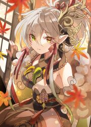 Rule 34 | 1girl, autumn leaves, bridal gauntlets, dragon, dragon girl, facial mark, heterochromia, highres, japanese clothes, jewelry, kaede (p&amp;d), leaf, magatama, magatama necklace, maple leaf, necklace, pointy ears, ponytail, puzzle &amp; dragons, rakulog, screen door, solo, white hair