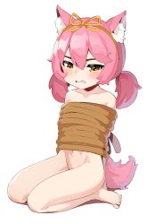 Rule 34 | 1girl, 3:, animal ear fluff, animal ears, barefoot, bdsm, blush, bondage, bound, bow, cat ears, cat girl, cat tail, clenched teeth, feet, fox ears, full body, hair bow, looking at viewer, low twintails, maplestory, moonbeam (maplestory), navel, nude, pink hair, restrained, rope, simple background, sitting, solo, tail, teeth, toes, twintails, viroa, wariza, white background, yellow eyes