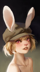 Rule 34 | 1girl, absurdres, animal ears, bare shoulders, black hat, blonde hair, carrot (one piece), chinese commentary, commentary request, ears through headwear, hat, highres, looking at viewer, one piece, open mouth, pink eyes, quan ju, rabbit ears, rabbit girl, short hair, solo, teeth