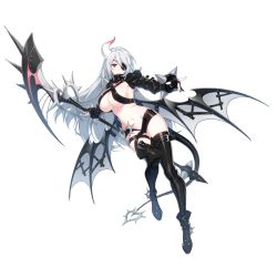 Rule 34 | 1girl, absurdres, black legwear, boots, bracelet, breasts, cleavage, closers, demon tail, eyepatch, full body, gloves, highres, horns, jewelry, large breasts, leg up, levia (closers), long hair, nail polish, official art, partially fingerless gloves, scythe, short shorts, shorts, shrug (clothing), sideboob, silver hair, single horn, smile, solo, spiked bracelet, spikes, tail, thigh strap, thighs, transparent background, underboob, very long hair, weapon