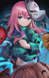 Rule 34 | 1girl, absurdres, black background, blurry, blurry foreground, bow, bowtie, bubble skirt, circle, collared shirt, cowboy shot, cross, fox mask, green shirt, hata no kokoro, highres, long hair, long sleeves, looking at viewer, mask, mask on head, navel, oni mask, open mouth, orange skirt, pink eyes, pink hair, plaid, plaid shirt, shirt, skirt, solo, star (symbol), touhou, triangle, yuujin (yuzinn333)