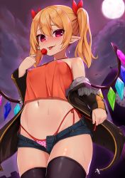 Rule 34 | 1girl, alternate costume, bare shoulders, bat (animal), black jacket, black thighhighs, blonde hair, blush, breasts, candy, chiroshiron, clock, clock tower, cloud, commentary request, covered erect nipples, cowboy shot, crop top, fangs, flandre scarlet, food, full moon, hair ribbon, highleg, highleg panties, highres, holding, jacket, lollipop, long hair, looking at viewer, micro shorts, moon, navel, night, night sky, off shoulder, open clothes, open fly, open jacket, outdoors, panties, pink panties, pointy ears, polka dot, polka dot panties, red eyes, red ribbon, ribbon, shorts, side-tie panties, sky, small breasts, smile, solo, standing, sweat, thighhighs, tongue, tongue out, touhou, tower, twintails, underwear, wings