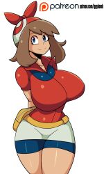 Rule 34 | 1girl, absurdres, arms behind back, artist name, bike shorts, blue eyes, breasts, brown hair, creatures (company), curvy, game freak, highres, huge breasts, iggybomb, legs, looking at viewer, may (pokemon), nintendo, pokemon, pokemon rse, smile, solo, thick thighs, thighs, wide hips