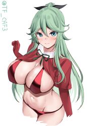 Rule 34 | 1girl, alternate breast size, alternate costume, bikini, black ribbon, blue eyes, blush, breasts, capelet, christmas, elbow gloves, embarrassed, gloves, green hair, hair between eyes, hair flaps, hair ornament, hair ribbon, hairclip, highres, kantai collection, large breasts, long hair, looking at viewer, red bikini, red gloves, ribbon, santa bikini, solo, swimsuit, tf cafe, twitter username, upper body, white background, yamakaze (kancolle)