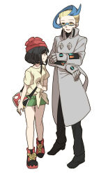 Rule 34 | 1boy, 1girl, beanie, black footwear, black hair, blonde hair, blue hair, colress (pokemon), creatures (company), full body, game freak, glasses, gloves, green shorts, grey gloves, hat, lab coat, looking at another, misooo 2j, multicolored hair, nintendo, pokemon, pokemon sm, pokemon usum, red headwear, selene (pokemon), shirt, shorts, smile, sweat, tied shirt, two-tone hair