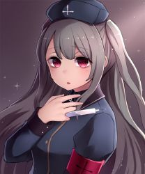 Rule 34 | armband, between fingers, commentary request, grey hair, hat, highres, holding, jacket, long hair, long sleeves, looking at viewer, minai karte, neit ni sei, nurse cap, open mouth, red eyes, solo, star (sky), syringe, twintails, upper body, virtual youtuber