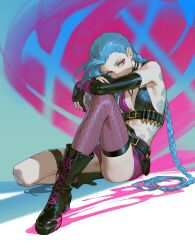 1girl absurdres arcane:_league_of_legends black_footwear black_gloves blue_hair boots braid bullet_necklace elbow_gloves full_body gloves highres jinx_(league_of_legends) league_of_legends midriff pink_eyes sitting solo thighhighs twin_braids zaket07