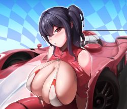 Rule 34 | 1girl, azur lane, bare shoulders, blush, breasts, car, cleavage, clothing cutout, ear piercing, highres, huge breasts, long hair, motor vehicle, naka (umomoko), one side up, piercing, race queen, red eyes, revealing clothes, shoulder cutout, solo, taihou (azur lane), toyota