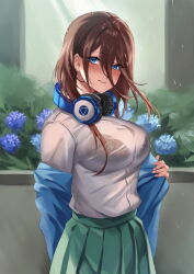 Rule 34 | 1girl, blue cardigan, blue eyes, blue flower, bra visible through clothes, breasts, brown hair, cardigan, closed mouth, commentary request, flower, go-toubun no hanayome, green skirt, headphones, headphones around neck, highres, inue ao, large breasts, long hair between eyes, looking at viewer, nakano miku, off shoulder, pleated skirt, rain, school uniform, see-through, shirt, shirt tucked in, skirt, smile, solo, wet, wet clothes, wet shirt, white shirt