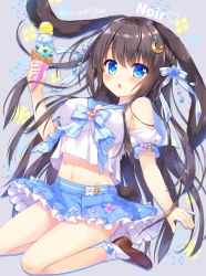 Rule 34 | 1girl, ameto yuki, animal ears, arm up, artist name, bare shoulders, blue bow, blue eyes, blue sailor collar, blue skirt, blush, bobby socks, bow, breasts, brown footwear, brown hair, cleavage, clothing cutout, commentary request, crescent, crescent hair ornament, fingernails, floppy ears, flower, food, hair between eyes, hair bow, hair ornament, heart, holding, holding food, hydrangea, ice cream, ice cream cone, large breasts, loafers, long hair, looking at viewer, navel, original, parted lips, pleated skirt, puffy short sleeves, puffy sleeves, rabbit ears, rabbit girl, rabbit tail, sailor collar, school uniform, serafuku, shirt, shoes, short sleeves, shoulder cutout, skirt, socks, solo, sparkle, striped, striped bow, tail, triple scoop, very long hair, water drop, white shirt, white socks