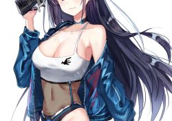 Rule 34 | black hair, blue jacket, breasts, character name, cleavage, collarbone, crop top, fate/grand order, fate (series), gun, hand up, handgun, head out of frame, holding, holding gun, holding weapon, jacket, large breasts, long hair, long sleeves, mole, mole on breast, navel, off shoulder, open clothes, open jacket, pistol, see-through, shanguier, simple background, solo, very long hair, weapon, white background