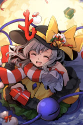 Rule 34 | 1girl, bag, bell, bow, box, comic, gift, gift box, hat, hat bow, highres, komeiji koishi, long sleeves, open mouth, scarf, shirt, silent comic, sindre, skirt, smile, solo, third eye, touhou, wide sleeves