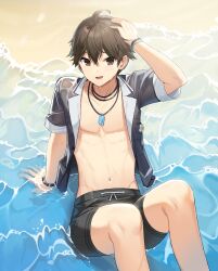 Rule 34 | 1boy, ahoge, arm support, bare legs, bare pectorals, beach, black eyes, black hair, black shirt, black shorts, boutonniere, bracelet, closers, feet out of frame, floral print, flower, frown, hair between eyes, hand on own head, highres, jewelry, male focus, navel, necklace, ocean, official art, on floor, open clothes, open mouth, open shirt, pectorals, sand, seha lee, shirt, short hair, short sleeves, shorts, sitting, soaking feet, solo, stomach, wet, wet clothes, wet face, wet shirt, white flower