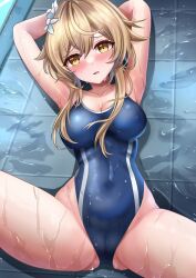 Rule 34 | 1girl, absurdres, arm behind back, blonde hair, blue one-piece swimsuit, breasts, competition swimsuit, covered navel, flower, genshin impact, hair flower, hair ornament, highleg, highleg swimsuit, highres, large breasts, lumine (genshin impact), lying, one-piece swimsuit, puddle, short hair with long locks, solo, swimsuit, waity awa, wet, wet clothes, wet swimsuit, white flower, yellow eyes