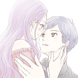 blush, couple, digimon, glasses, highres, ichijouji ken, inoue miyako, looking at another, purple hair