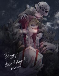 Rule 34 | 2boys, blonde hair, boots, cape, carrying, child, coat, donquixote rocinante, fur coat, gift, happy birthday, hat, highres, holding, holding gift, hood, hood down, looking at another, makeup, male focus, multiple boys, one piece, outdoors, red hood, rei su, shoulder carry, smile, smoke, smoking, trafalgar law, visible air, yellow eyes