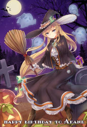 Rule 34 | 1girl, alternate costume, arm behind back, bat (animal), black capelet, black hat, black neckwear, black skirt, blonde hair, blue eyes, boots, box, branch, broom, brown footwear, capelet, choker, closed mouth, cross, english text, enterprise (warship girls r), forest, frilled capelet, frilled skirt, frills, full moon, ghost, gift, gift box, girdle, gloves, graveyard, hair ornament, hair over shoulder, hair ribbon, halloween, halloween costume, happy birthday, hat, high heel boots, high heels, highres, holding, holding broom, holding gift, jack-o&#039;-lantern, layered skirt, long hair, long skirt, looking at viewer, low-tied long hair, moon, nature, night, outdoors, pocket watch, popped collar, purple sky, ribbon, shirt, sidelocks, sitting, skirt, sky, smile, solo, star (sky), star (symbol), star hair ornament, starry sky, tress ribbon, tsurime, very long hair, warship girls r, watch, white gloves, white shirt, witch hat, yuemanhuaikong