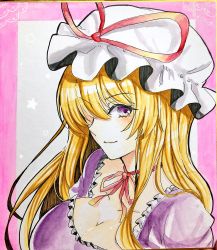 Rule 34 | 1girl, blonde hair, breasts, cleavage, closed mouth, commentary request, dress, hair over one eye, hat, hat ribbon, highres, large breasts, long hair, looking at viewer, mob cap, neck ribbon, one eye covered, photo (medium), puffy sleeves, purple dress, purple eyes, red ribbon, ribbon, scan, smile, solo, tanaji, touhou, traditional media, upper body, white hat, yakumo yukari