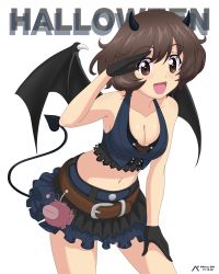 Rule 34 | 1girl, absurdres, acrux, akiyama yukari, anglerfish, artist name, blush, breasts, brown eyes, brown hair, cleavage, collarbone, dated, demon girl, demon horns, demon tail, demon wings, fish, girls und panzer, halloween, highres, horns, looking at viewer, medium breasts, miniskirt, navel, open mouth, shiny skin, short hair, simple background, skirt, smile, solo, tail, white background, wings