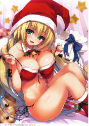 Rule 34 | 1girl, absurdres, bell, bikini, blonde hair, blue eyes, blush, bow, breasts, christmas, cleavage, comic potpourri club, female focus, front-tie top, hat, highres, large breasts, long hair, looking at viewer, navel, open mouth, red bikini, sack, santa hat, scan, shiny skin, sitting, smile, solo, swimsuit, tomose shunsaku